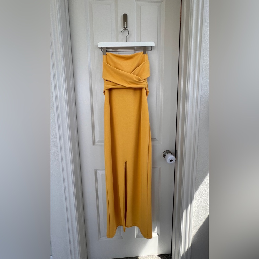 Lulu's Yellow Strapless Maxi Dress with Front Slit - Picture 3 of 6